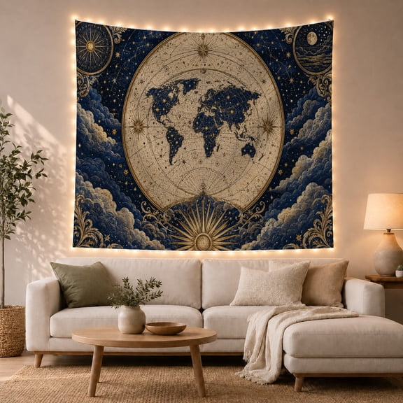 Celestial World Map in a Starry Sky, Mystical Vintage Style for Travel Lovers, Map Wall Art, Graduation Gift, Tapestry Wall Hanging for Office, Study Room and Home Library