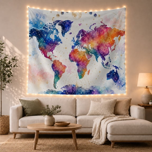 Celestial World Map with Stars and Planets, Dreamy Watercolor for Space Lovers, Astronomy Wall Art, Graduation Gift, Tapestry Wall Hanging for Bedroom and Study Room