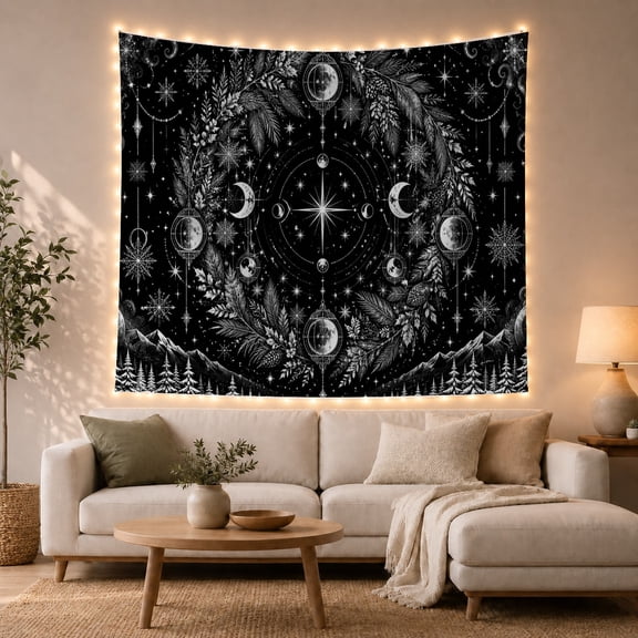 Celestial Wreath Around Moons and Winter Peaks, Mystical Illustration for Astronomy Fans, Lunar Forest Art, Christmas Gift, Tapestry Wall Hanging for Bedroom and Studio