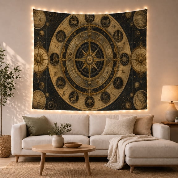 Celestial Zodiac Chart Around a Golden Compass, Mystical Vintage Art for Astrology Enthusiasts, Star Map Decor, Housewarming Gift, Tapestry Wall Hanging for Study Room and Den