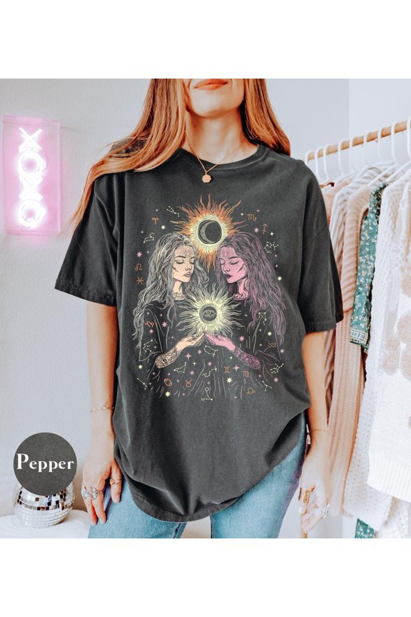 Celestial Zodiac Sisters Graphic T-Shirt, Mystical Sun Moon Horoscope Art Tee, Cosmic Astrology Spiritual Design Comfort Colors Unisex Cotton T-Shirt, Sizes S-3XL