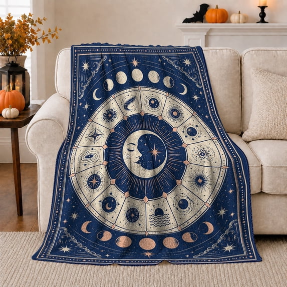 Celestial Zodiac Sun Face Illustration Mystical Blue, Festive Holiday Scene, Warm Flannel Blanket for Living Room and Reading Nook, Art Lovers Christmas Gift, Festive Home Decor