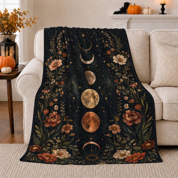 Celestial decorative theme Floral Botanical Mystical, Mystical Celestial Art Scene, Warm Flannel Blanket for Sunroom and Reading Nook, Celestial Art Lovers Housewarming Gift, Celestial Home Decor