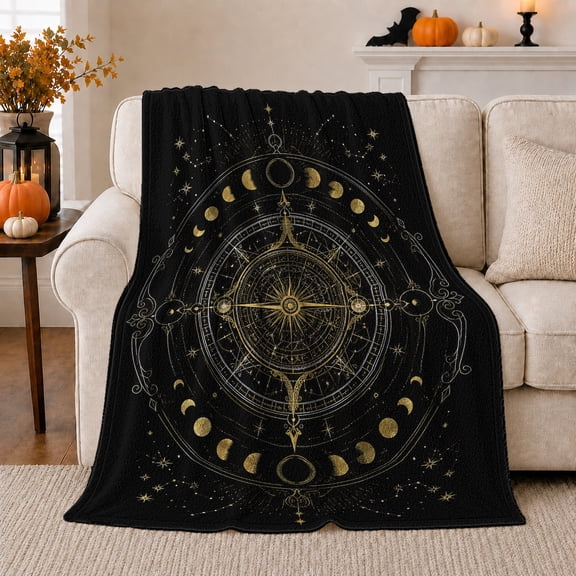 Celestial decorative theme Mandala Gold, Mystical Celestial Art Scene, Warm Flannel Blanket for Home Library and Reading Nook, Celestial Art Lovers Housewarming Gift, Artistic Home Decor