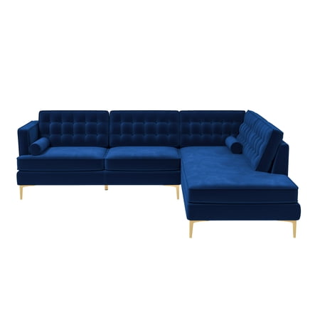 Celestine Modern Pillow Back Velvet Right-Facing Upholstered Sectional in Blue