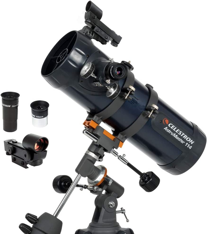 Celestron - AstroMaster 114EQ Newtonian Telescope - Reflector Telescope for Beginners - Fully-Coated Glass Optics - Adjustable-Height Tripod - BONUS Astronomy Software Package Telescope On