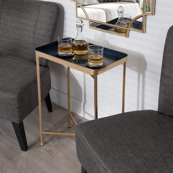 Celia Modern Foldable Tray Side Table, Navy Blue and Gold Metal End Table with Magnetic Top for Living Room Storage