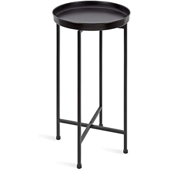Celia Round Metal Foldable Accent Table with Tray Top, Black