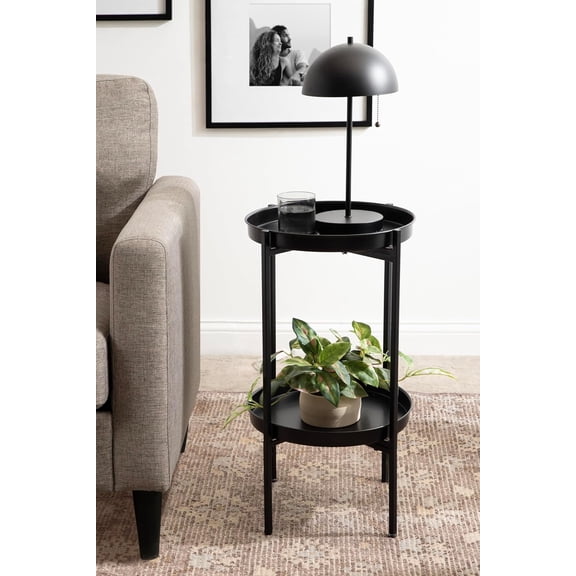 Celia Round Metal Foldable Tiered Side Table, 16 x 26, Black, Modern Accent Table with Removable Magnetic Tray Tabletops and Space-Saving Folding Base