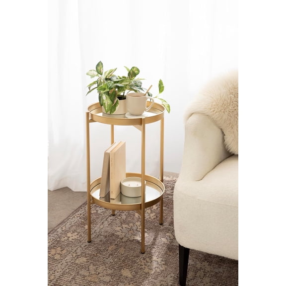 Celia Round Metal Foldable Tiered Side Table, 16 x 26, Gold, Modern Accent Table with Mirrored Magnetic Tray Tabletops and Space-Saving Folding Base