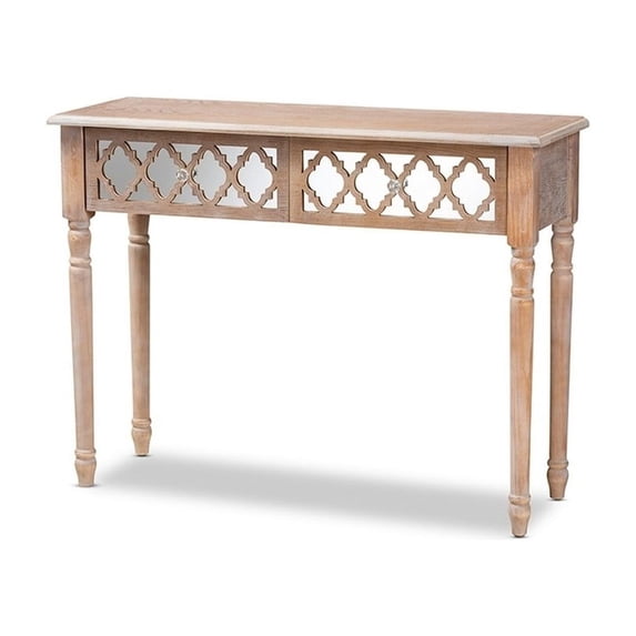 Celia Transitional Rustic French Country Wood and Mirror 2-Drawer Quatrefoil Console Table