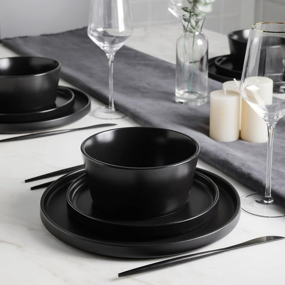 Celina 16 Piece Stoneware Dinnerware Set Black Matte Service for 4 Microwave Dishwasher Safe