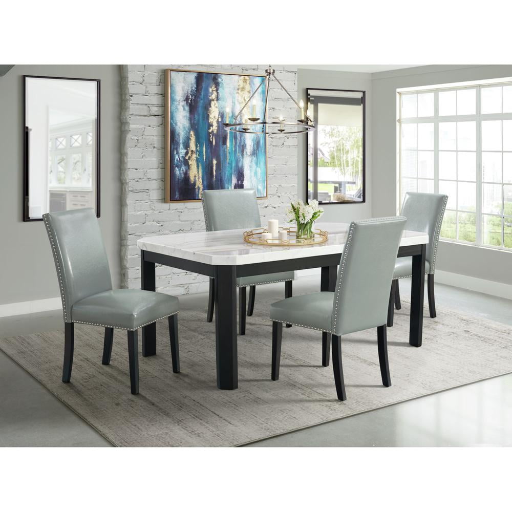 Celine 5-Piece White Marble Dining Set with Grey Faux Leather Chairs