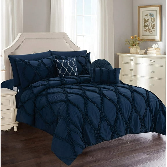 Celine Linen 10-PIECE Bed-in-a-Bag Infinity Design Comforter Set, Includes Bed Sheet Set with Double Sided Storage Pockets and Decorative Pillows, Full/Queen,Navy Blue