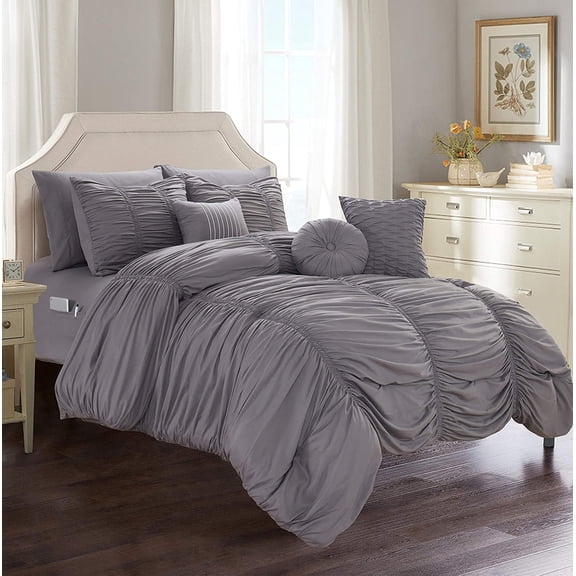 Celine Linen 10-PIECE Bed-in-a-Bag Pleated Comforter Set, Ruched Ruffle Comforter Set Includes Bed Sheet Set with Double Sided Storage Pockets, Full/Queen, Grey