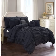 Celine Linen 10-PIECE Bed-in-a-Bag Pleated Comforter Set, Ruched Ruffle Comforter Set Includes Bed Sheet Set with Double Sided Storage Pockets, King/Cal King, Black