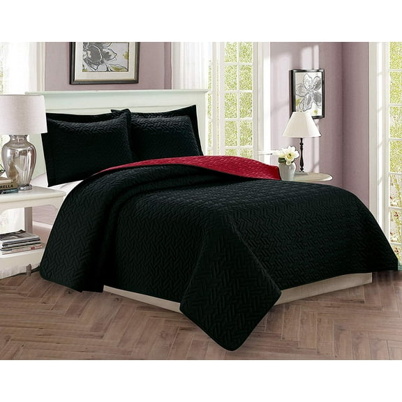 Celine Linen 2-Piece Bedspread Coverlet Quilted Set with Sham-Twin/Twin XL Black/Burgundy