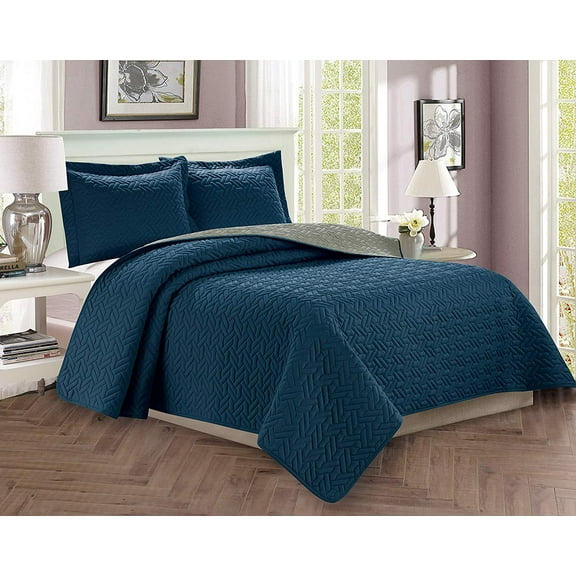 Celine Linen 2-Piece Bedspread Coverlet Quilted Set with Sham-Twin/Twin XL Navy Blue/Gray