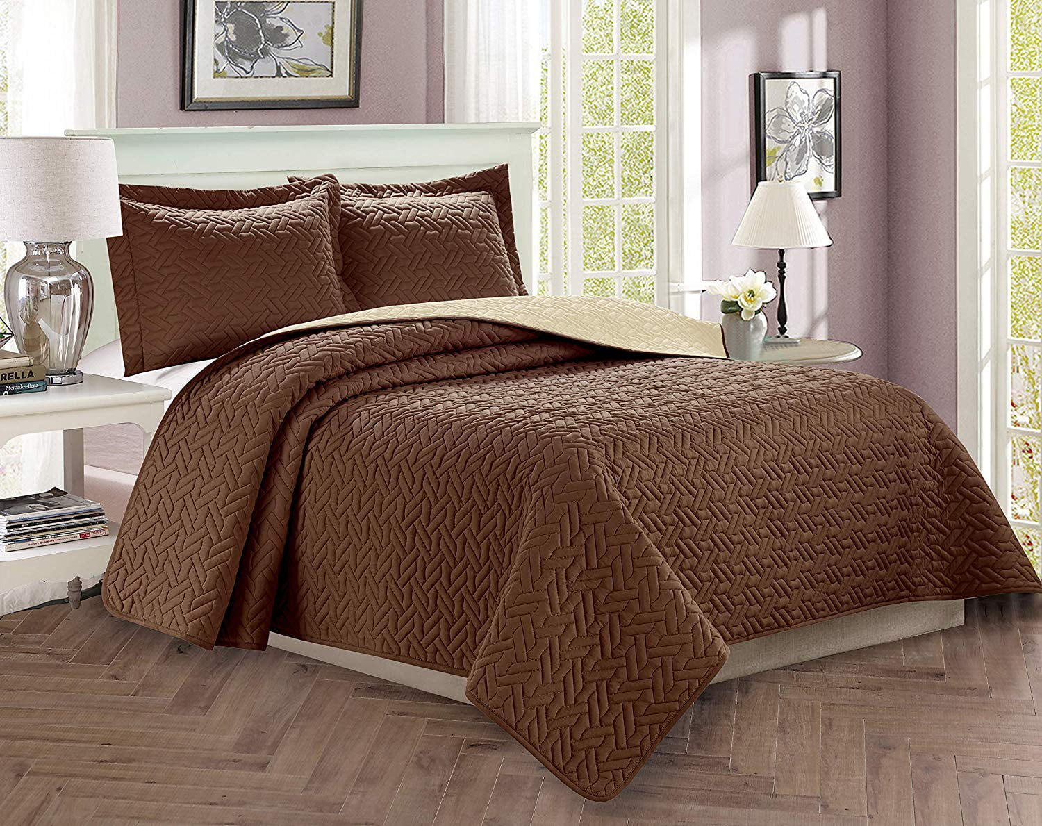Celine Linen 3-Piece Bedspread Coverlet Quilted Set with Shams-Full/Queen Chocolate/Cream