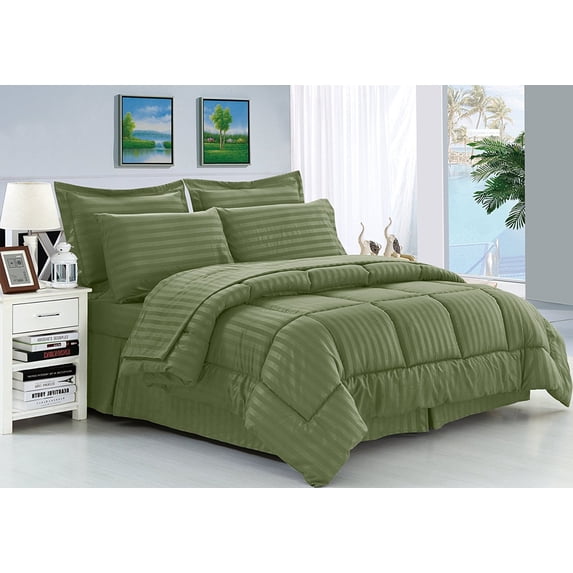 Celine Linen 8 Piece Sage Dobby Stripe Bed in a Bag, Queen