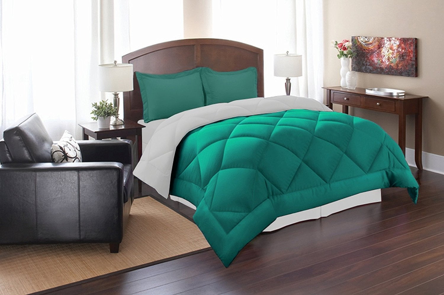Celine Linen Down Alternative 3pc Comforter Set-Full/Queen, Turqouise/White