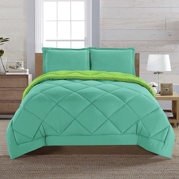 Celine Linen Goose Down Alternative Reversible 3pc Comforter Set-, Full/Queen, Aqua/Lime