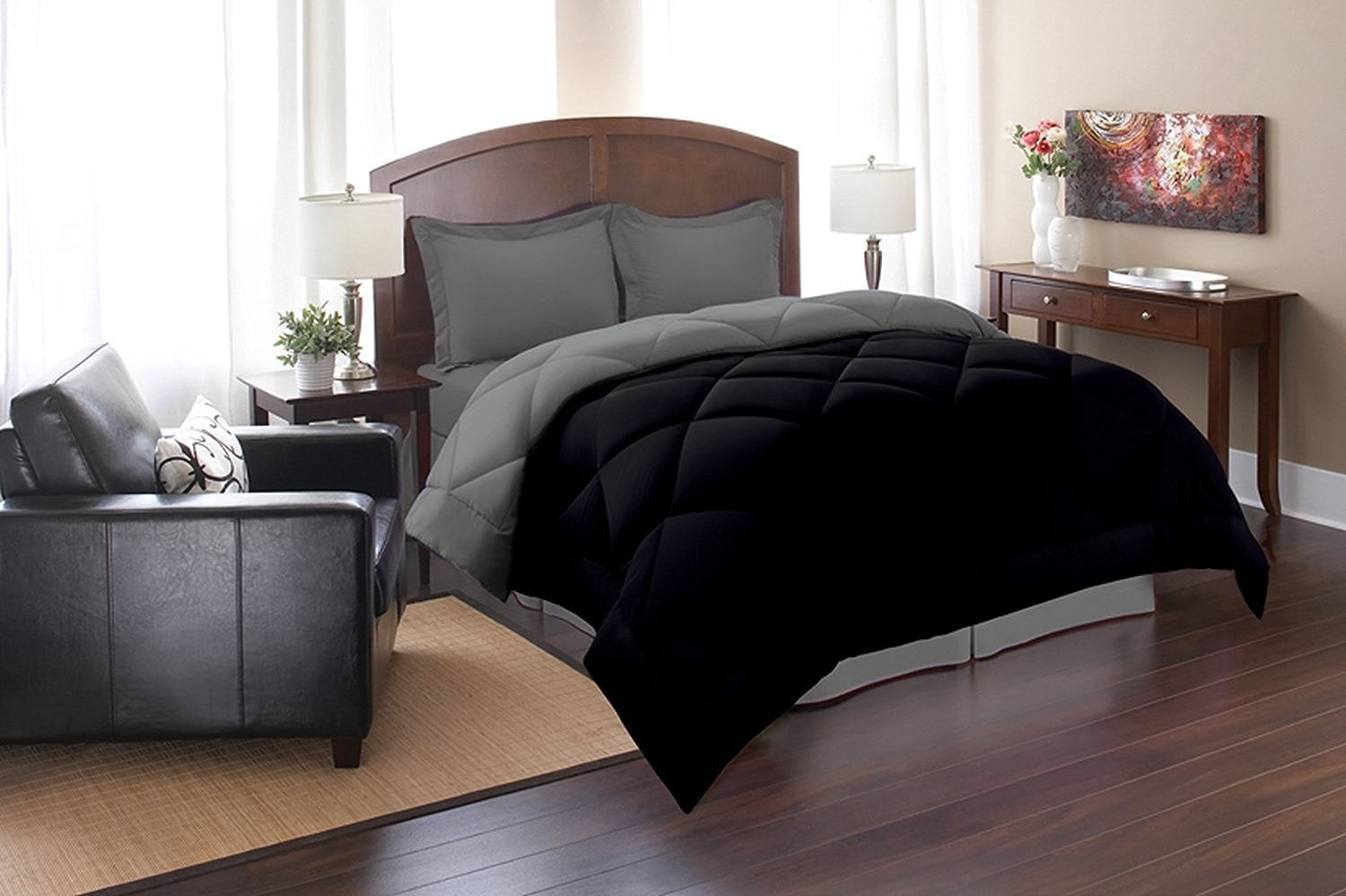Celine Linen Goose Down Alternative Reversible 3pc Comforter Set-, Full/Queen, Black/Gray