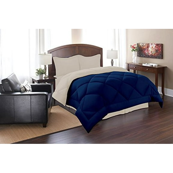 Celine Linen Goose Down Alternative Reversible 3pc Comforter Set-, Full/Queen, Navy/Cream
