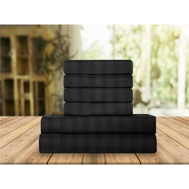 Celine Linen Holiday Gift Dobby Stripe 1500 Series Percale Wrinkle and Fade Resistant (6-Piece) Bedding Set, Queen, Black