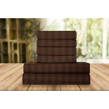 Celine Linen Holiday Gift Dobby Stripe 1500 Series Percale Wrinkle and Fade Resistant (6-Piece) Bedding Set, Queen, Espresso Brown