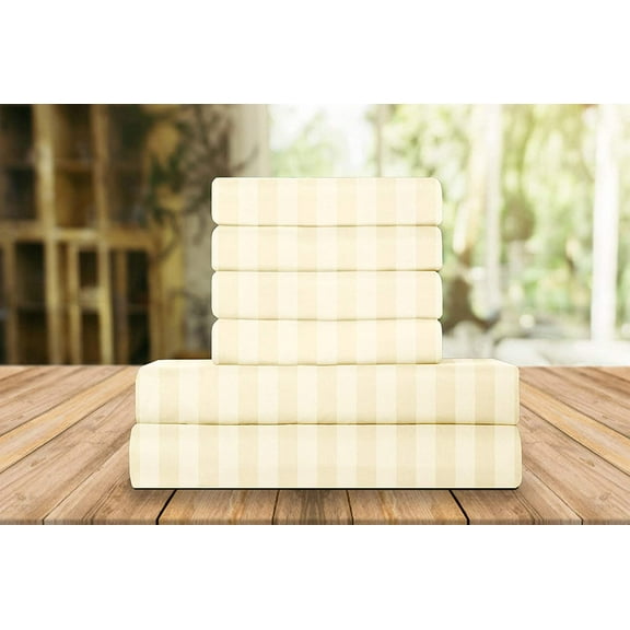 Celine Linen Holiday Gift Dobby Stripe 1500 Series Percale Wrinkle and Fade Resistant (6-Piece) Bedding Set, Queen, Linen Cream