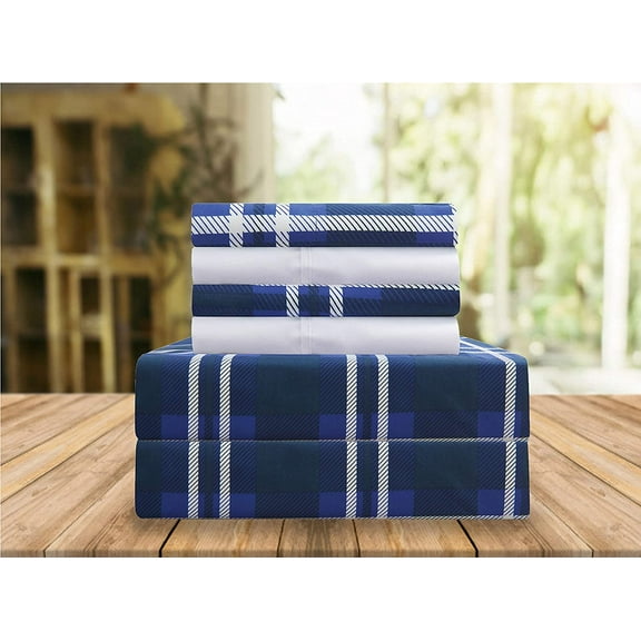 Celine Linen Holiday Gift Plaid Pattern 1500 Series Percale Wrinkle and Fade Resistant (6-Piece) Bedding Set, Full, Navy Blue
