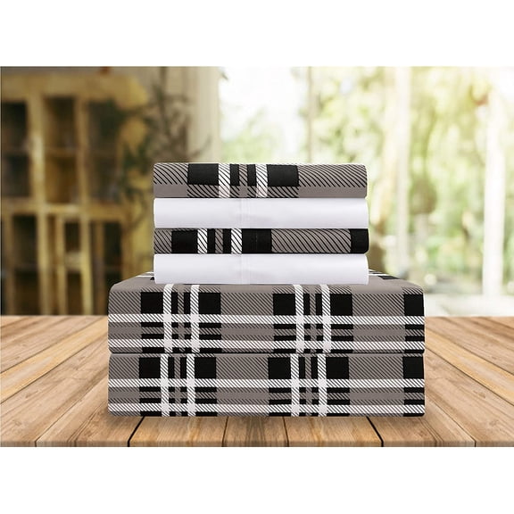 Celine Linen Holiday Gift Plaid Pattern 1500 Series Percale Wrinkle and Fade Resistant (6-Piece) Bedding Set, Full, Plaid Grey