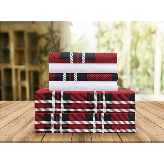 Celine Linen Holiday Gift Plaid Pattern 1500 Series Percale Wrinkle and Fade Resistant (6-Piece) Bedding Set, Queen, Plaid Burgundy