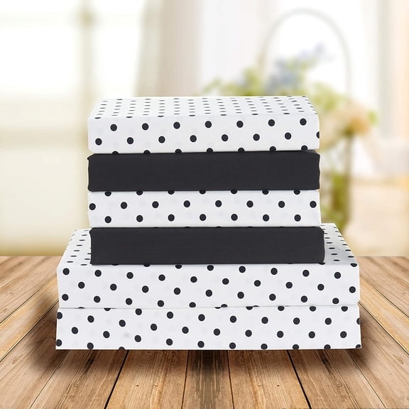 Celine Linen Holiday Gift Polkadot Pattern 1500 Series Percale Wrinkle and Fade Resistant (6-Piece) Bedding Set, Queen, White