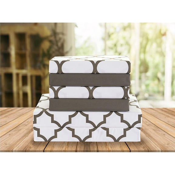 Celine Linen Holiday Gift Quatrefoil Pattern 1500 Series Percale Wrinkle and Fade Resistant (6-Piece) Bedding Set, Queen, White