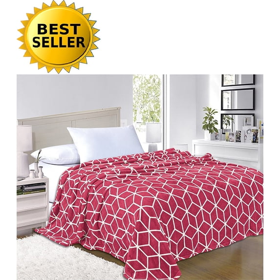 Celine Linen®- Luxury Micro-Fleece Ultra Plush Cube Pattern - All Season Blanket, Full/Queen, Burgundy