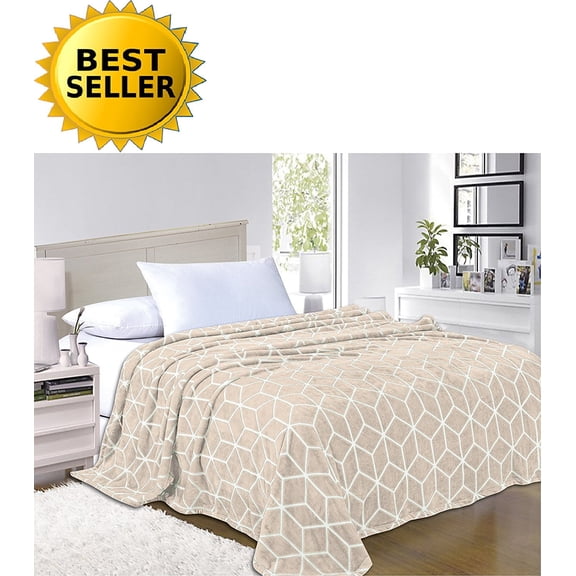 Celine Linen®- Luxury Micro-Fleece Ultra Plush Cube Pattern - All Season Blanket, Full/Queen, Cream