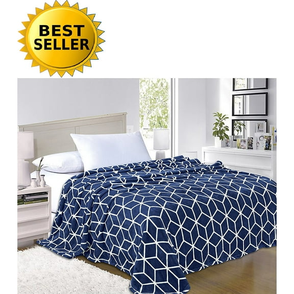 Celine Linen®- Luxury Micro-Fleece Ultra Plush Cube Pattern - All Season Blanket, Full/Queen, Navy Blue