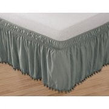 Celine Linen Luxury Top-Knot Tassle PomPom Fringe Ruffle Bed Skirt -Wrap Around Style- Elastic Bed Wrap- Wrinkle Resistant 16inch Drop, Queen/King, Grey