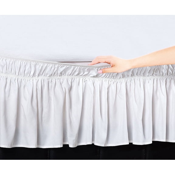 Celine Linen Luxury Wrinkle Resistant -Wrap Around Style- Elastic Bed Wrap Ruffled Bed Skirt 16inch Drop, Queen/King, White