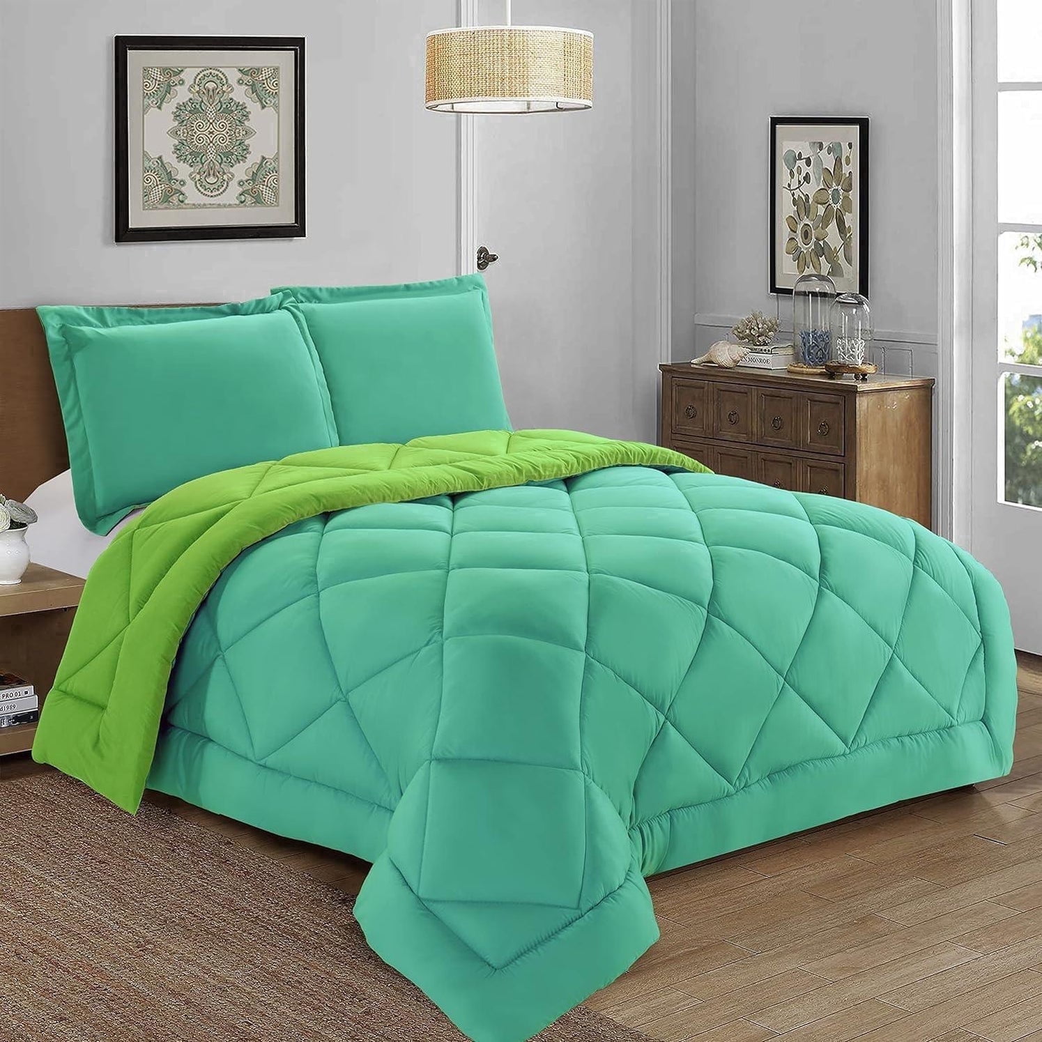 Elegant Comfort Reversible Down Alternative Comforter Set, Soft Microfiber All-Season Bedding, Lightweight Wrinkle & Fade Resistant Comforter, Full/Queen, Aqua/Lime