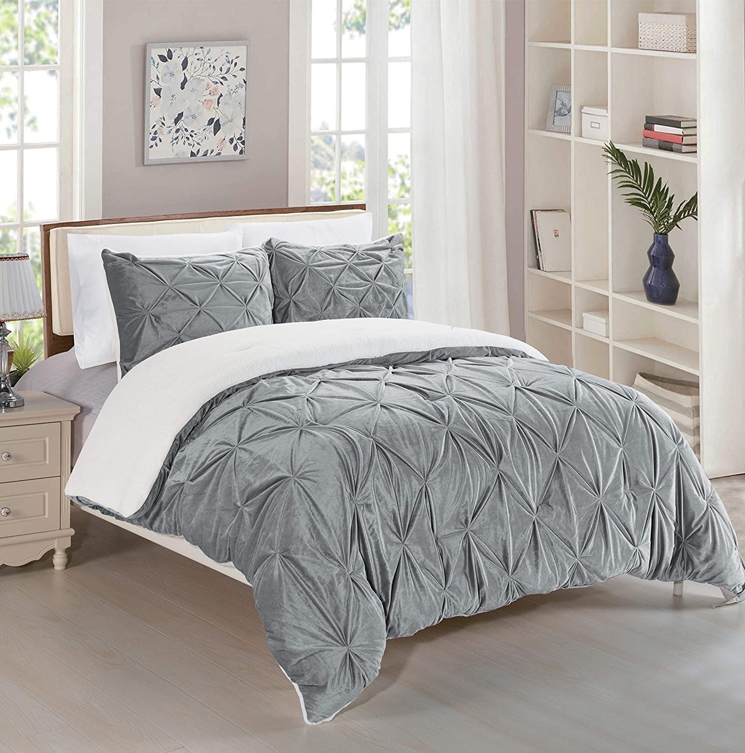Celine Linen Micromink Pintuck & Pinch Pleated Sherpa Comforter Set, Micro-Suede 3-Piece Reversible Comforter Set, Full/Queen, Gray
