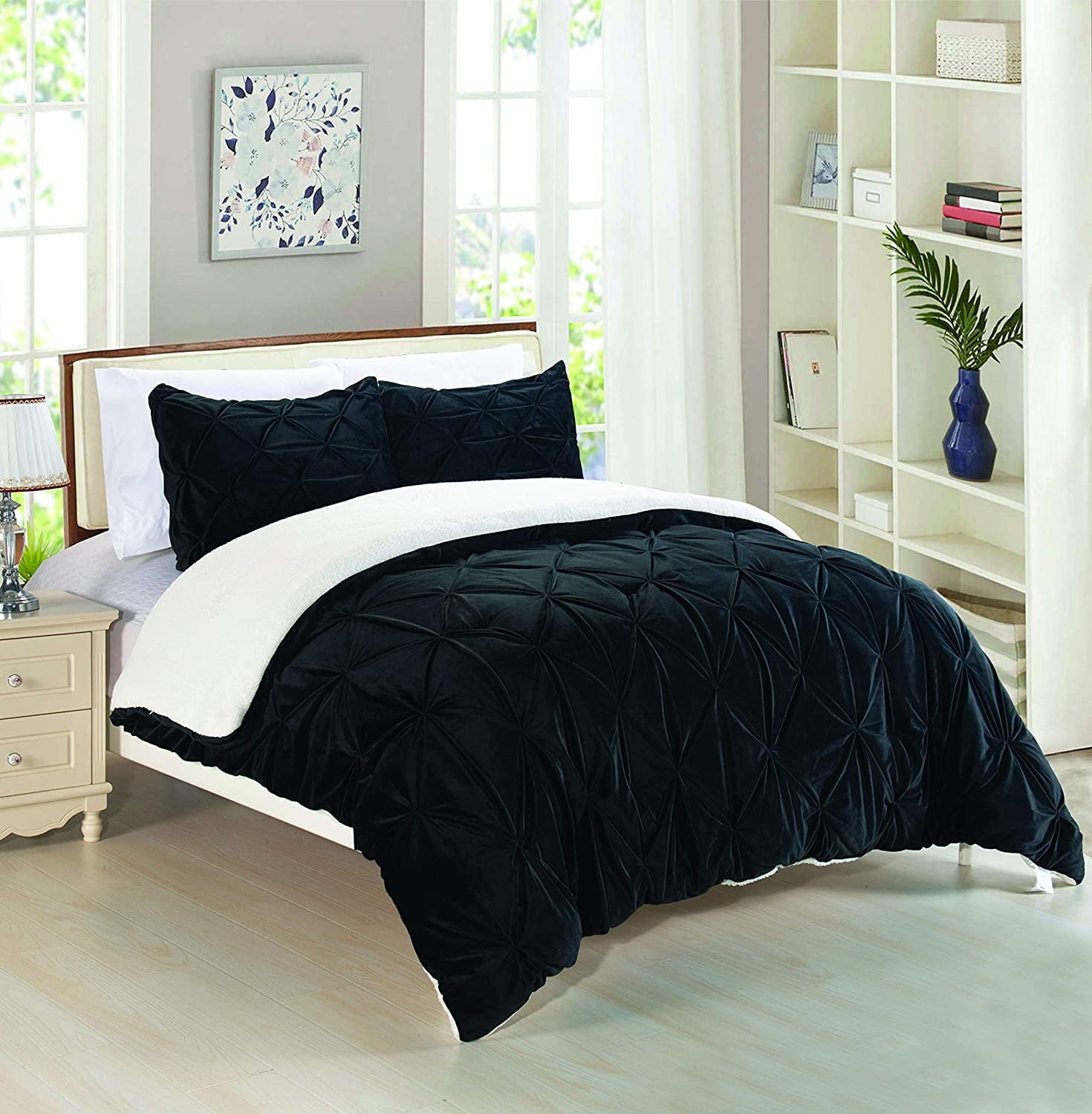 Celine Linen Micromink Pintuck & Pinch Pleated Sherpa Comforter Set, Micro-Suede 3-Piece Reversible Comforter Set, King/Cal King, Black