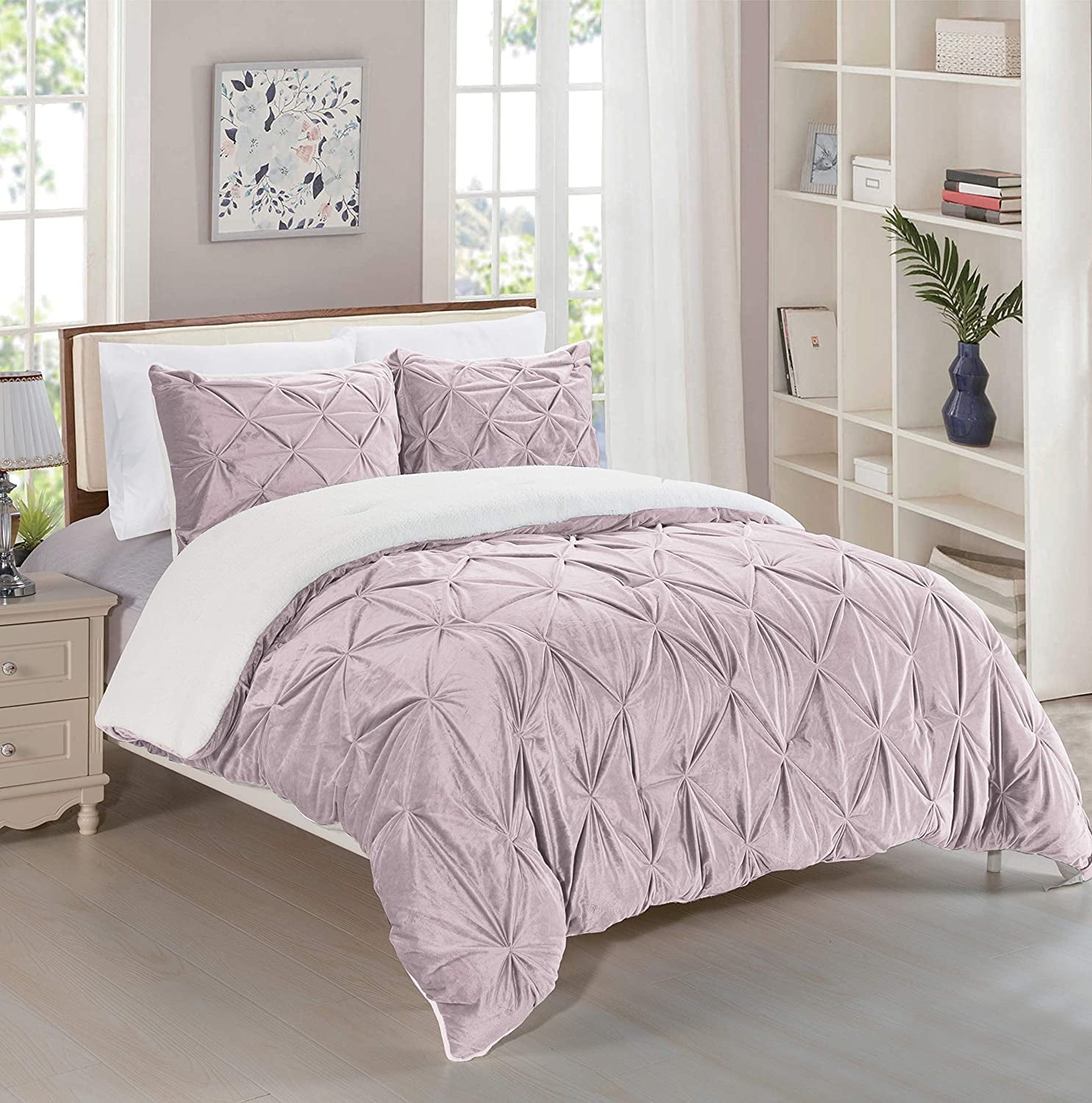 Celine Linen Micromink Pintuck & Pinch Pleated Sherpa Comforter Set, Micro-Suede 3-Piece Reversible Comforter Set, King/Cal King, Dusty Rose