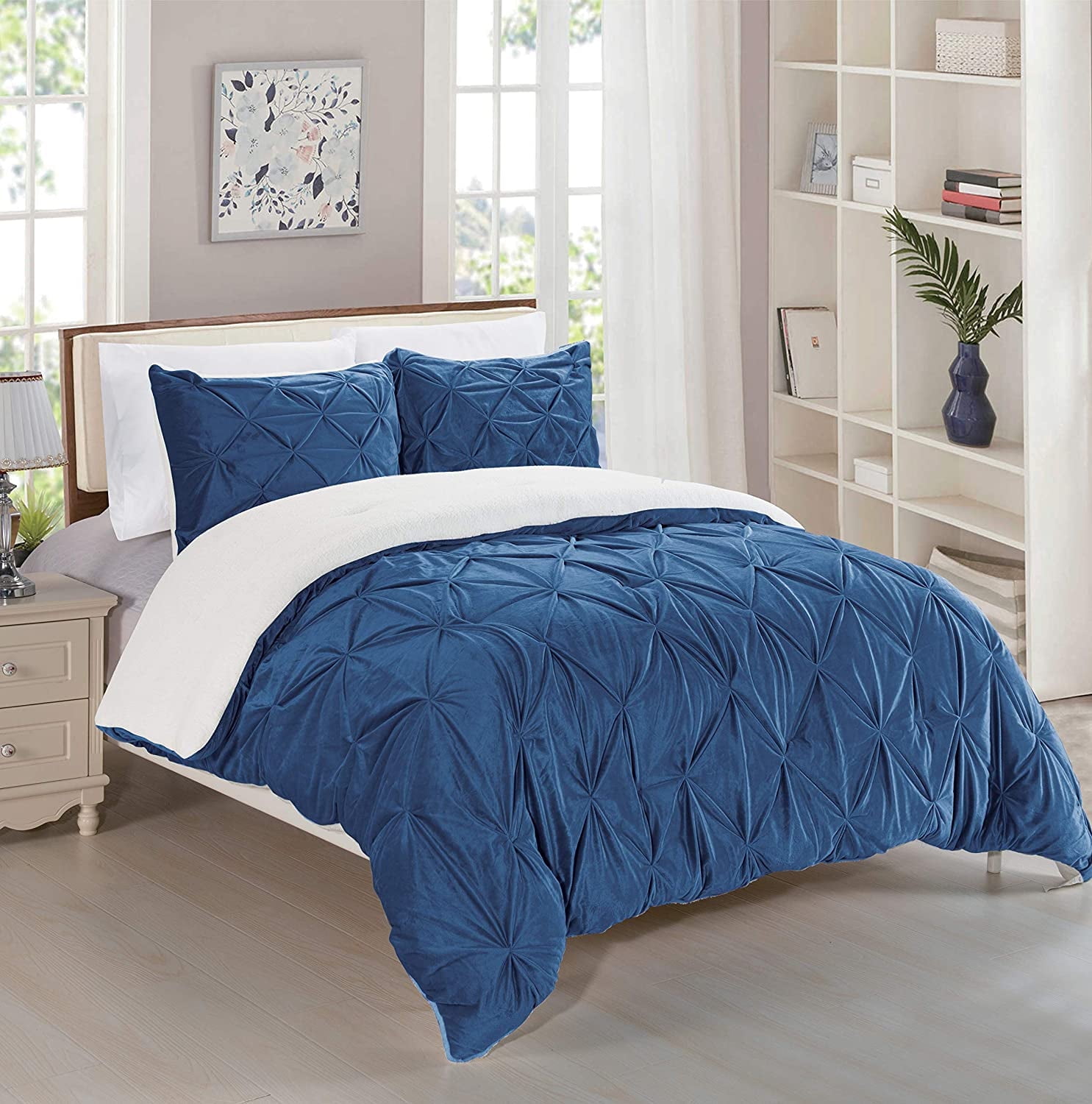 Celine Linen Micromink Pintuck & Pinch Pleated Sherpa Comforter Set, Micro-Suede 3-Piece Reversible Comforter Set, King/Cal King, Navy Blue