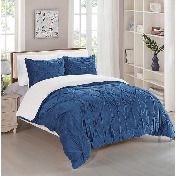 Celine Linen Micromink Pintuck & Pinch Pleated Sherpa Comforter Set, Micro-Suede 3-Piece Reversible Comforter Set, King/Cal King, Navy Blue