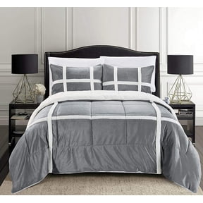 Celine Linen Micromink Stripe Lined Sherpa Comforter Set, Micro-Suede 3-Piece Reversible Comforter Set, Full/Queen, Gray