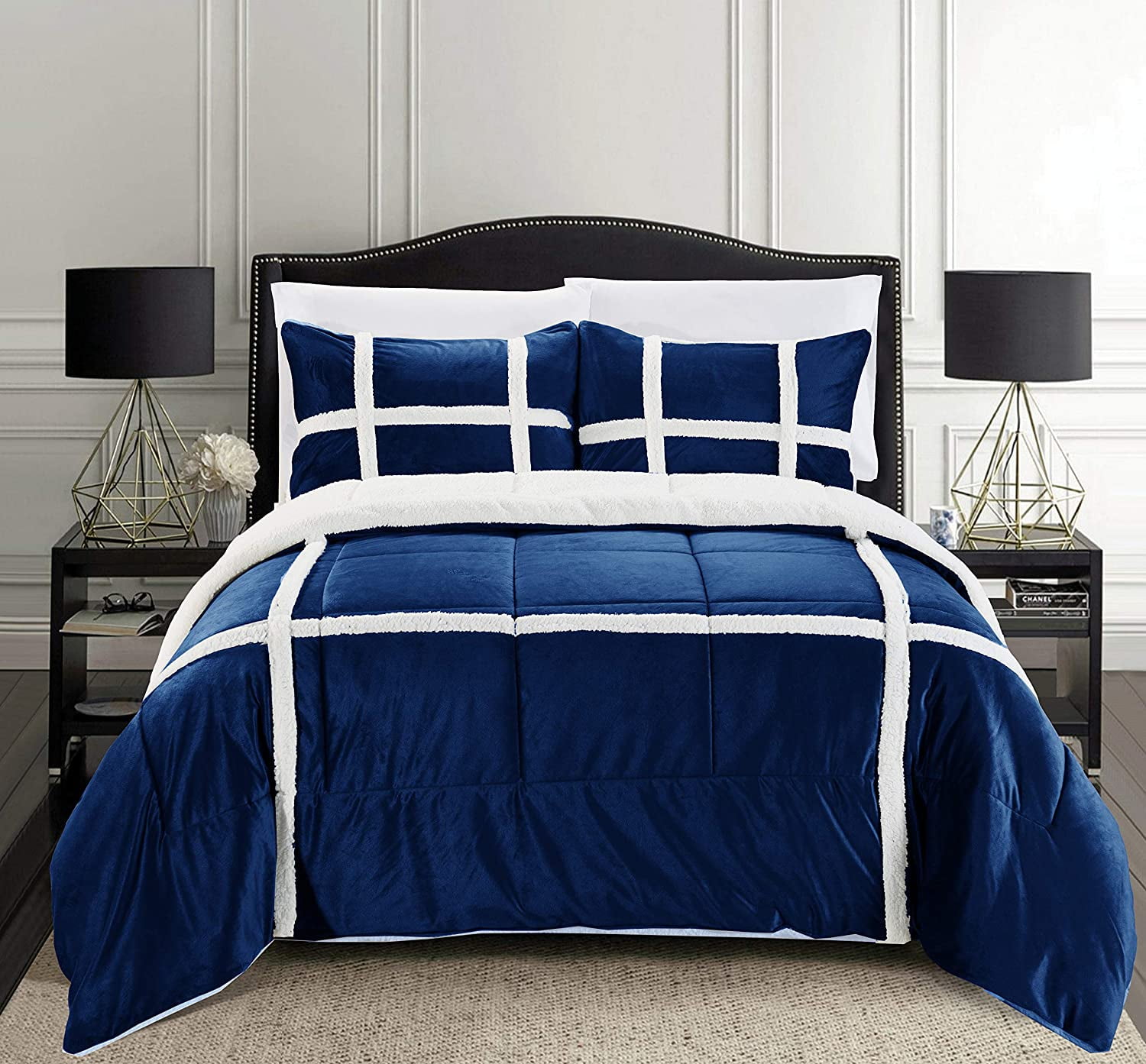 Celine Linen Micromink Stripe Lined Sherpa Comforter Set, Micro-Suede  3-Piece Reversible Comforter Set, Full/Queen, Navy Blue 