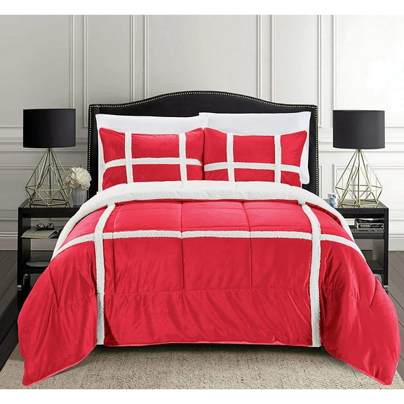 Celine Linen Micromink Stripe Lined Sherpa Comforter Set, Micro-Suede 3-Piece Reversible Comforter Set, King/California King, Red